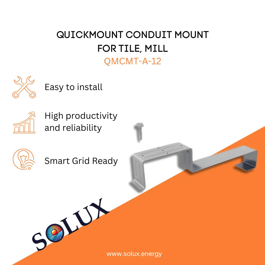 Marketing graphic for the QuickMount Roof Conduit Mount for Tile, Mill (QMCMT-A-12), featuring a silver mill-finish stainless steel reversible tile bracket designed for securing solar conduit runs. The image includes SOLUX branding and icons for easy installation, high productivity and reliability, and smart grid readiness.